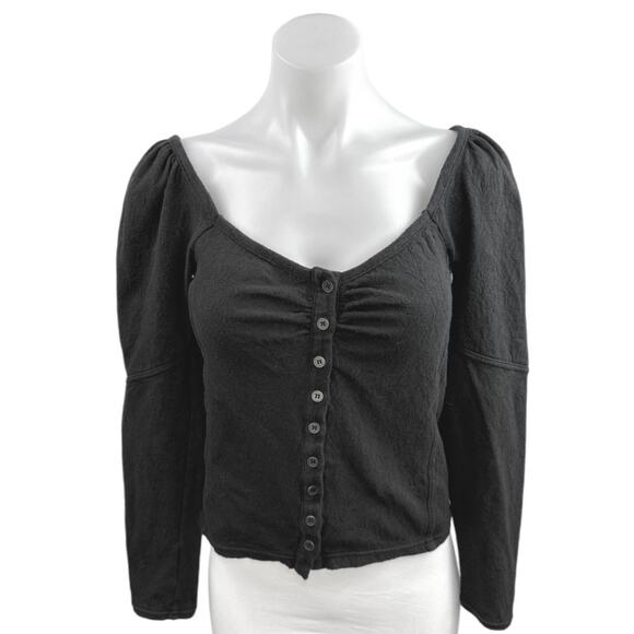 Free People Women's Black Long Puff Sleeve Scoop Neck Button Up Blouse Top Sz M - Picture 1 of 3